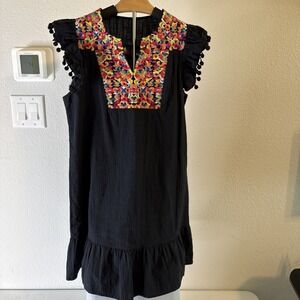 Women's Dress Black Colorful Embroidered‎ Ruffle Tasseled Sleeves Size Small